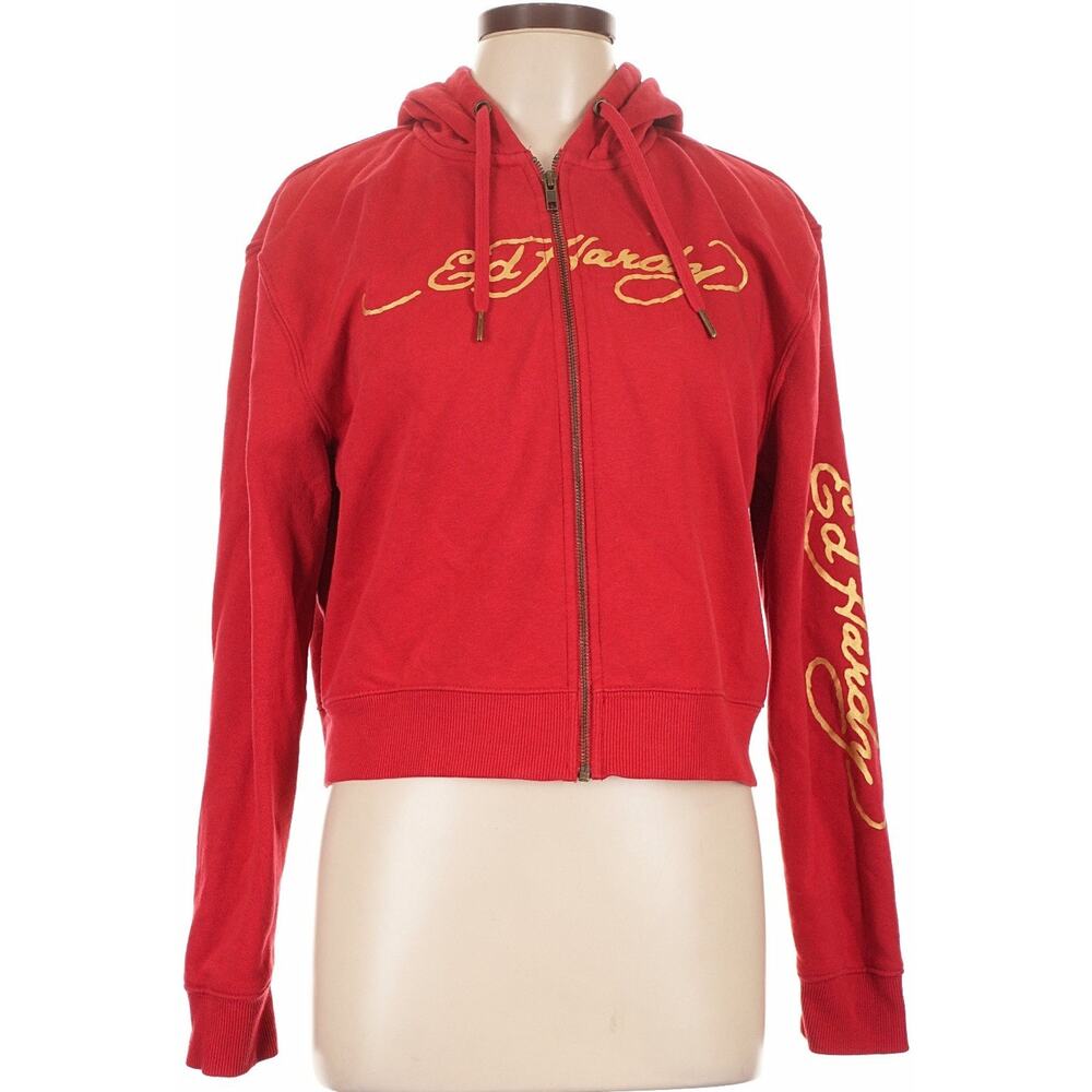 ED HARDY Vintage Dragon Zip Crop Hoodie Red Gold Graphic Y2K Streetwear Size L - Picture 3 of 10